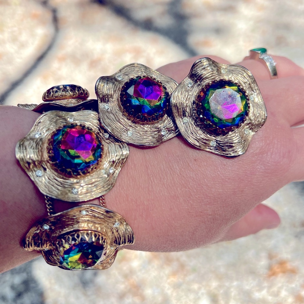 ✨Vtg Judy Lee Heliotrope Watermelon Rhinestone bracelet & clip Earrings set✨